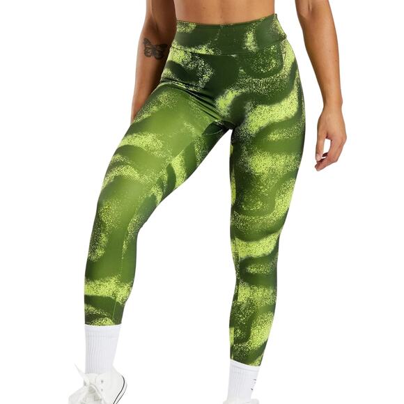 Gymshark GS Power Regular Green Print High Waist Cinched Rear Workout Leggings - Picture 1 of 10